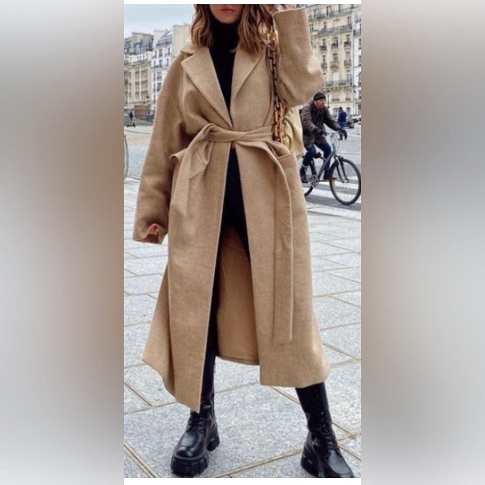 Zara wool belted coat tan š„blogger style aritzia maxmara nanushka - Picture 4 of 16
